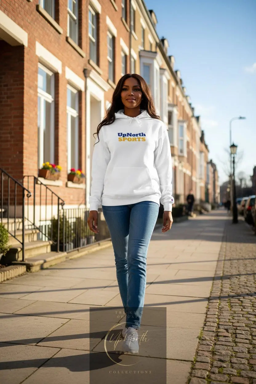 Woman model wearing a White Hoodie from Champion Sweden Special Edition - UpNorth SPORTS