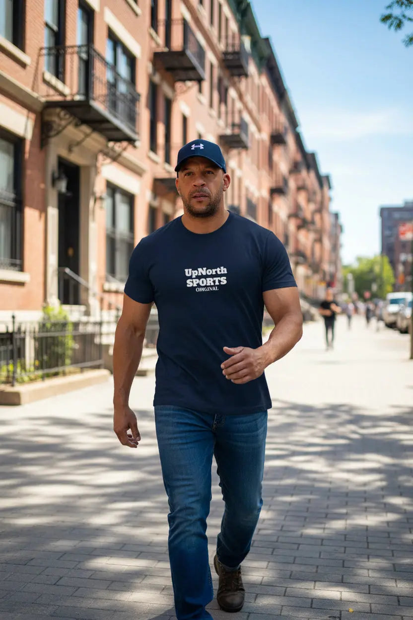 Male model wearing a Men T-shirt UpNorth SPORTS navy with Vin Diesel tribute - UpNorth SPORTS