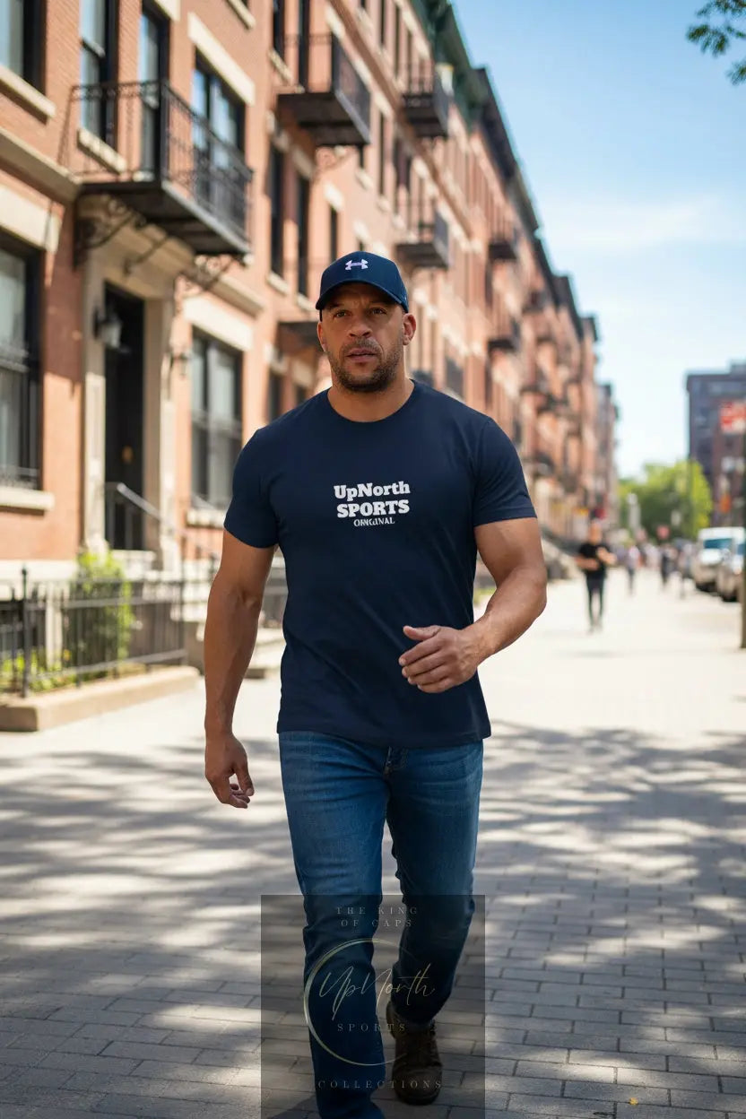 Male model wearing a Men T-shirt UpNorth SPORTS navy with Vin Diesel tribute - UpNorth SPORTS