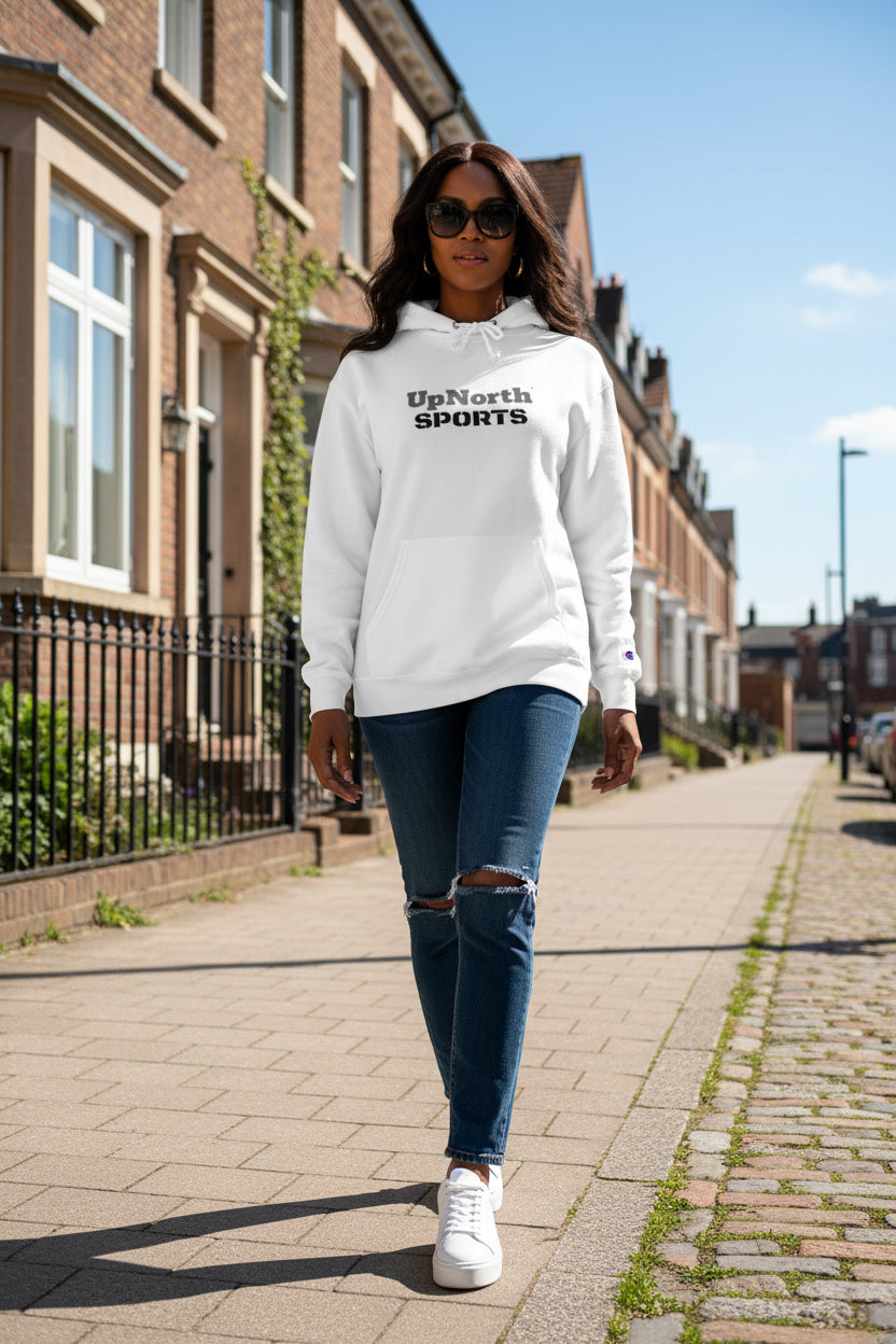 Woman model wearing a White UpNorth Sports Champion Hoodie - UpNorth SPORTS