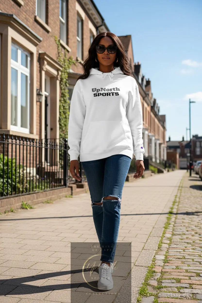 Woman model wearing a White UpNorth Sports Champion Hoodie - UpNorth SPORTS