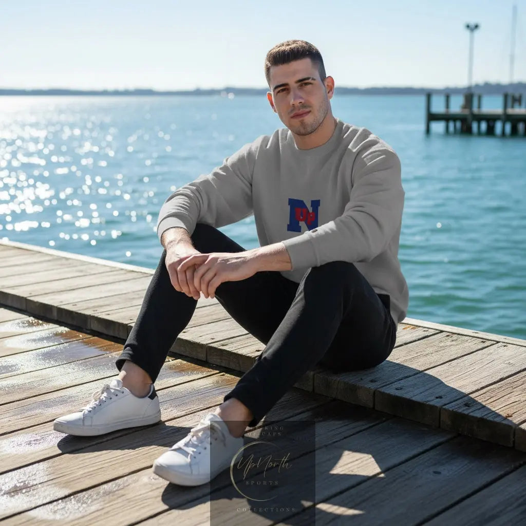 Male model wearing a Grey UpN Red Navy Champion Sweatshirt - UpNorth SPORTS