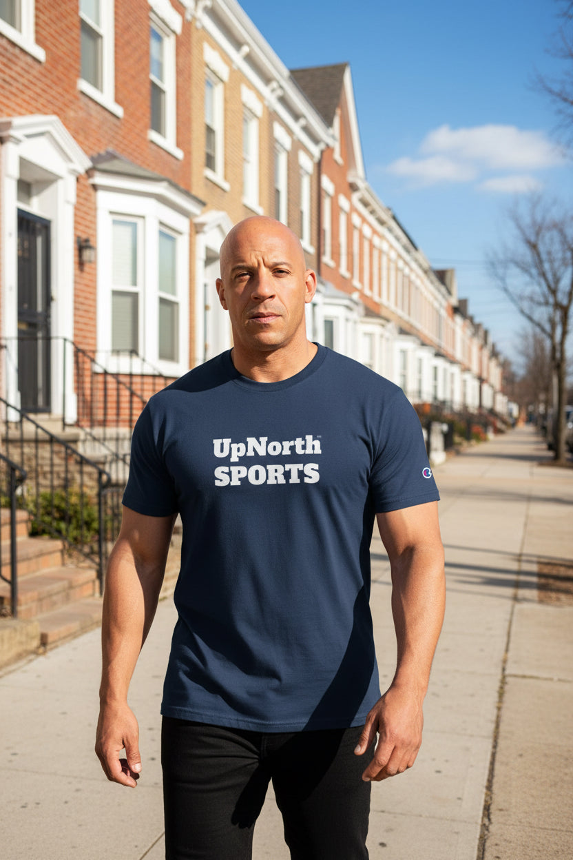 Male model wearing an UpNorthSPORTS Navy White Champion T-shirt - UpNorth SPORTS