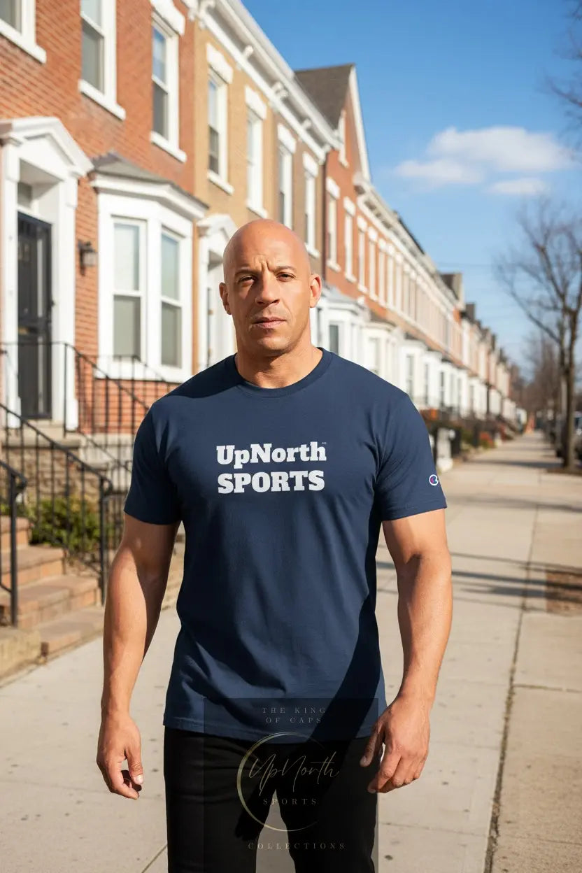 Male model wearing an UpNorthSPORTS Navy White Champion T-shirt - UpNorth SPORTS