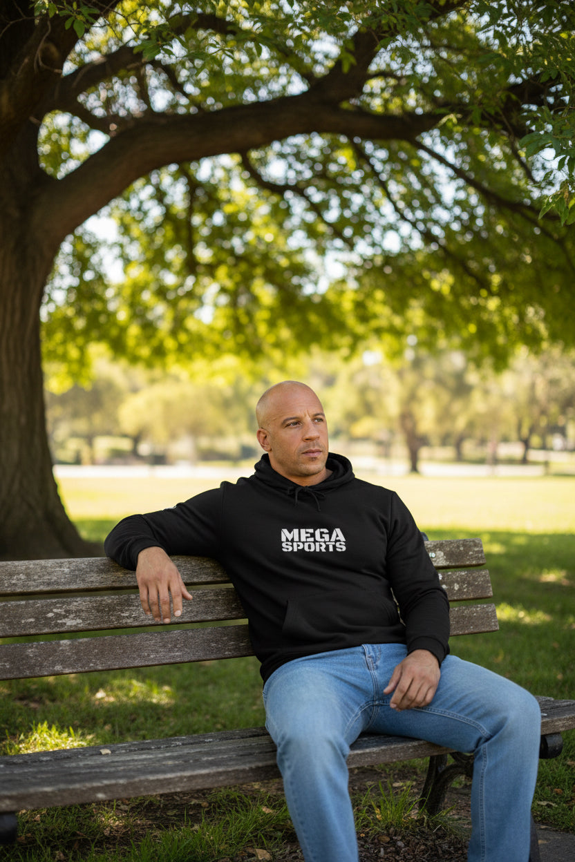 Male model wearing a Black Premium MEGA Sports Adidas Hoodie - UpNorth SPORTS