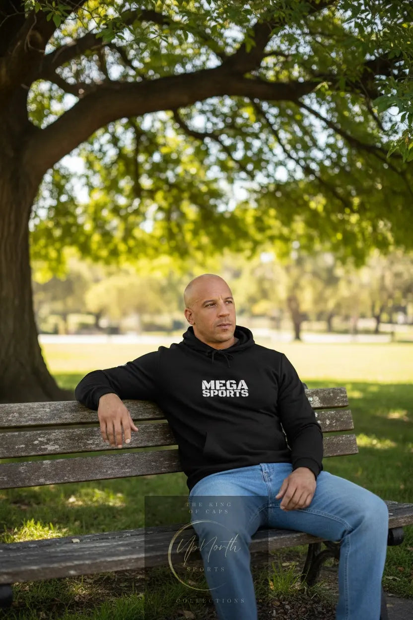 Male model wearing a Black Premium MEGA Sports Adidas Hoodie - UpNorth SPORTS