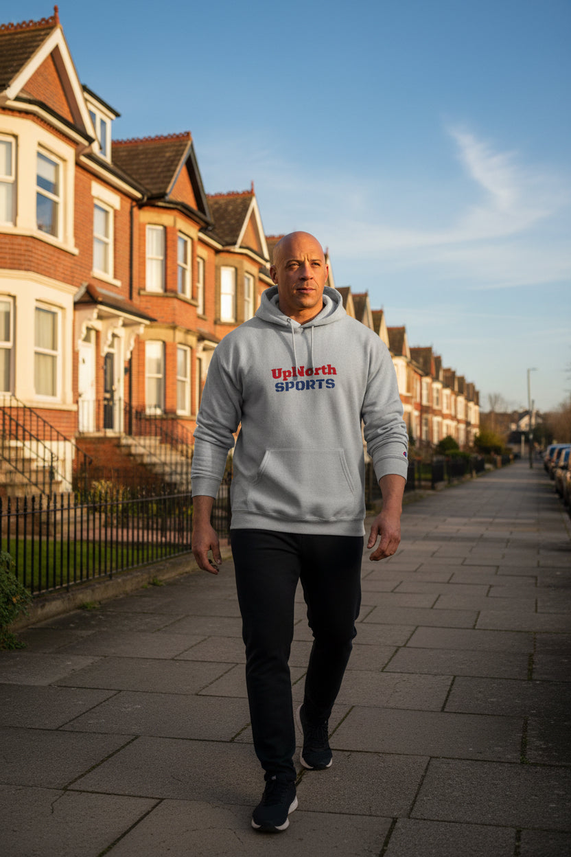 Male model wearing a Grey UpNorthSPORTS Navy Red Champion Hoodie - UpNorth SPORTS