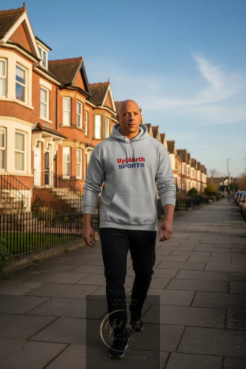 Male model wearing a Grey UpNorthSPORTS Navy Red Champion Hoodie - UpNorth SPORTS