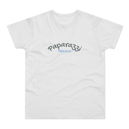 Paparazzi Men T-shirt white with dark grey and light blue Printify