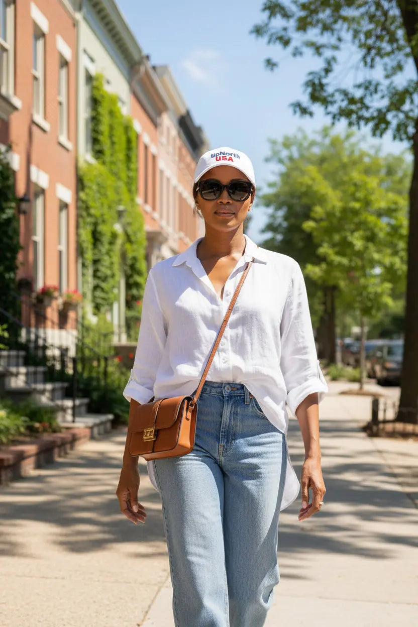 Woman model wearing a Baseball Cap 4th of July white blue and red - UpNorth SPORTS