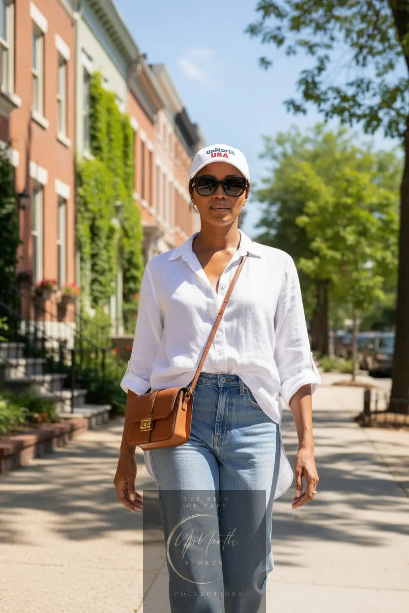 Woman model wearing a Baseball Cap 4th of July white blue and red - UpNorth SPORTS