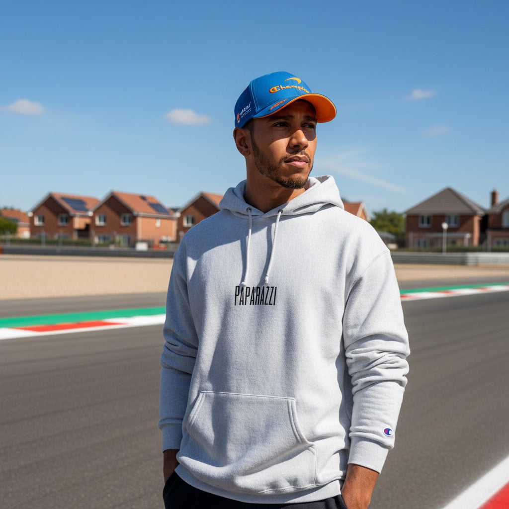 Male model wearing a Grey Paparazzi Avantgarde Champion Hoodie - Paparazzi Original
