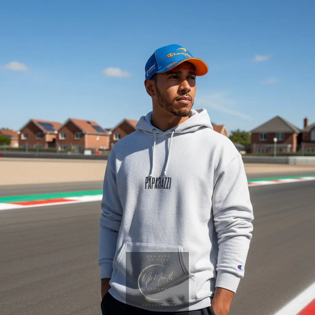Male model wearing a Grey Paparazzi Avantgarde Champion Hoodie - Paparazzi Original