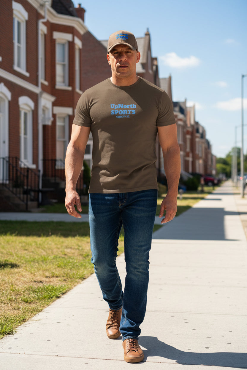 Male model wearing a Men T-shirt UpNorth SPORTS chocolate with Maximus tribute - UpNorth SPORTS