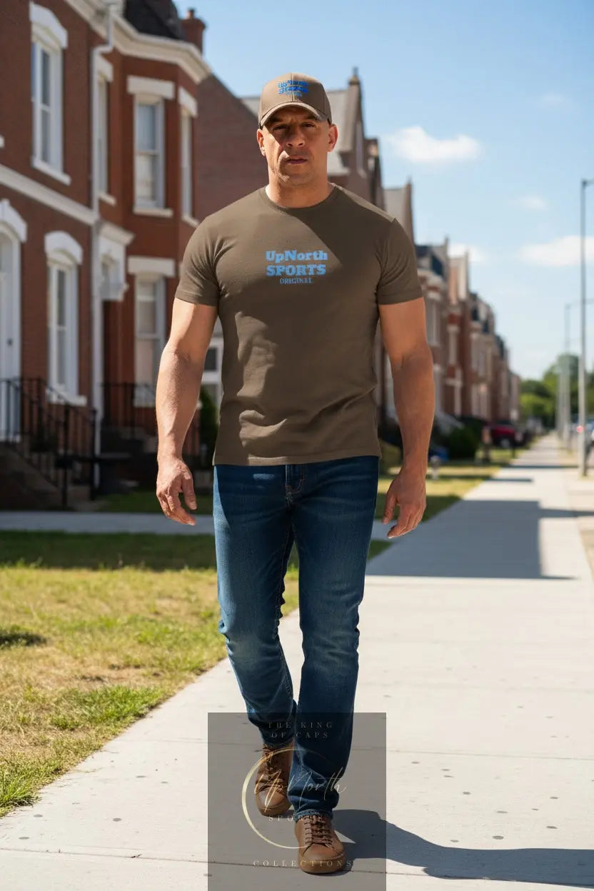 Male model wearing a Men T-shirt UpNorth SPORTS chocolate with Maximus tribute - UpNorth SPORTS