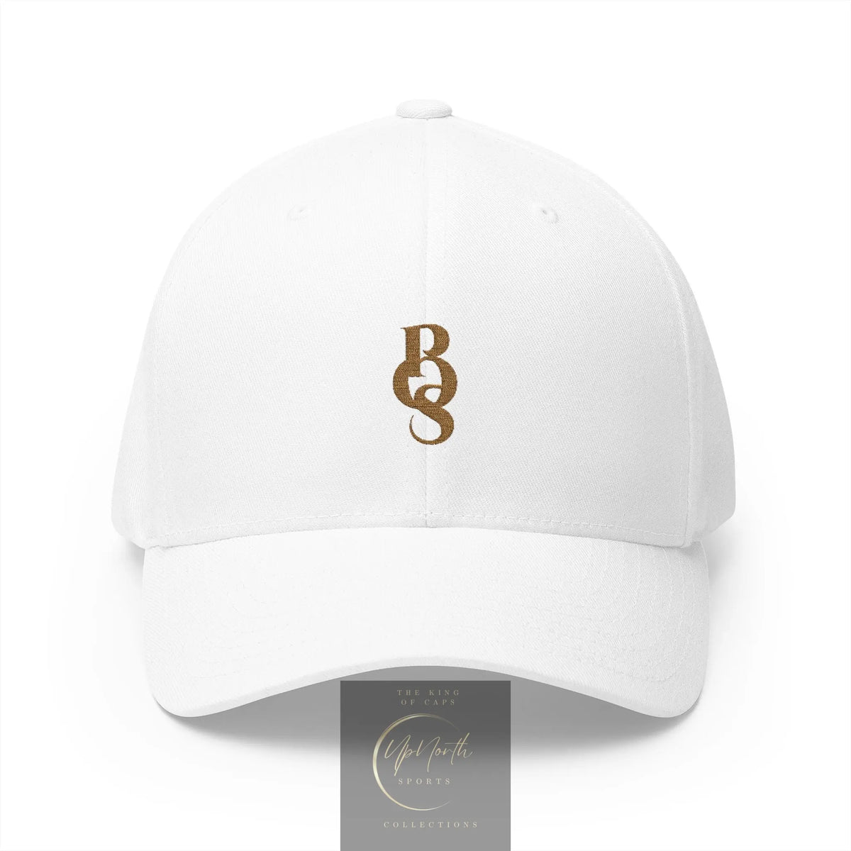 A white closed back baseball cap with a brown embroidered POS monogram logo on the front - Paparazzi Original