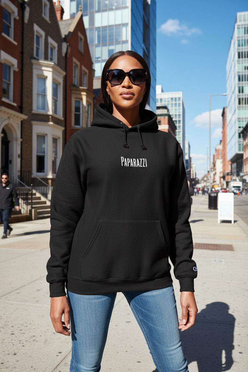 Woman model wearing a Black Paparazzi Avantgarde Champion Hoodie - Paparazzi Original