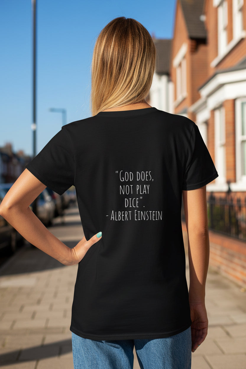 Woman model wearing a Black Albert Einstein Quote Black T-shirt showing backside - UpNorth SPORTS