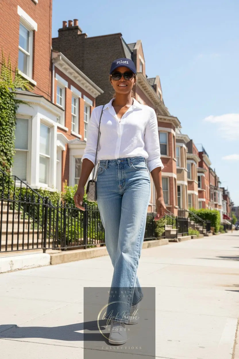 Woman model wearing a Navy Piloti Baseball Cap Embroidered with White - UpNorth SPORTS