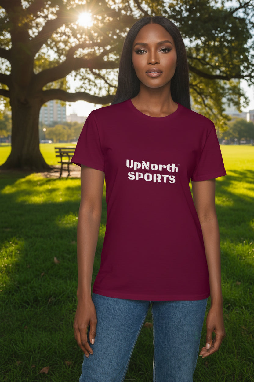 Woman model wearing a Burgundy Multicolor Whitelabel Unisex Iconic T-Shirt backside - UpNorth SPORTS