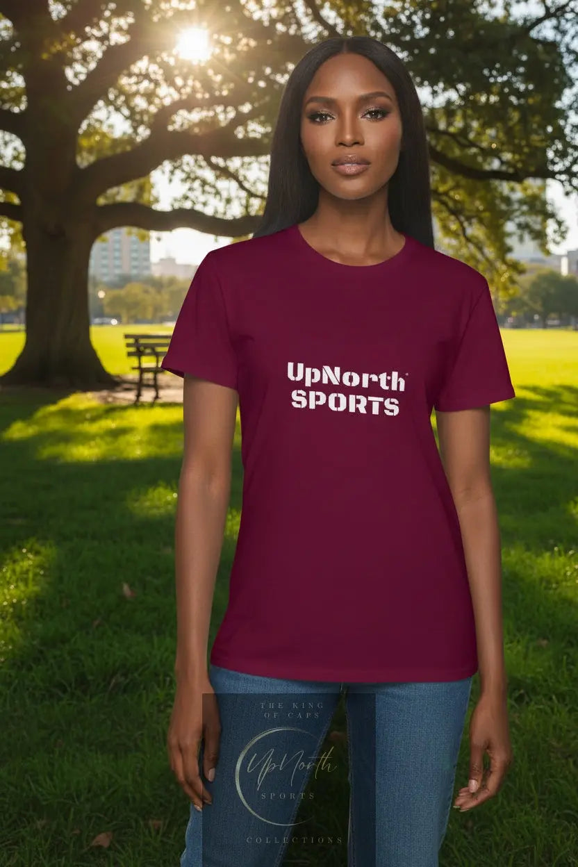 Woman model wearing a Burgundy Multicolor Whitelabel Unisex Iconic T-Shirt backside - UpNorth SPORTS
