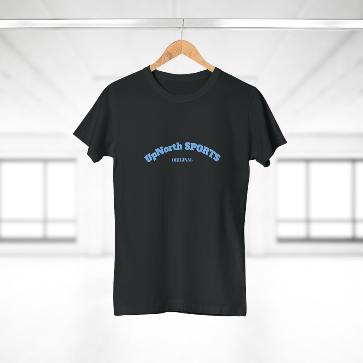 On a hanger the Women Black T-Shirt Light Blue front - UpNorth SPORTS