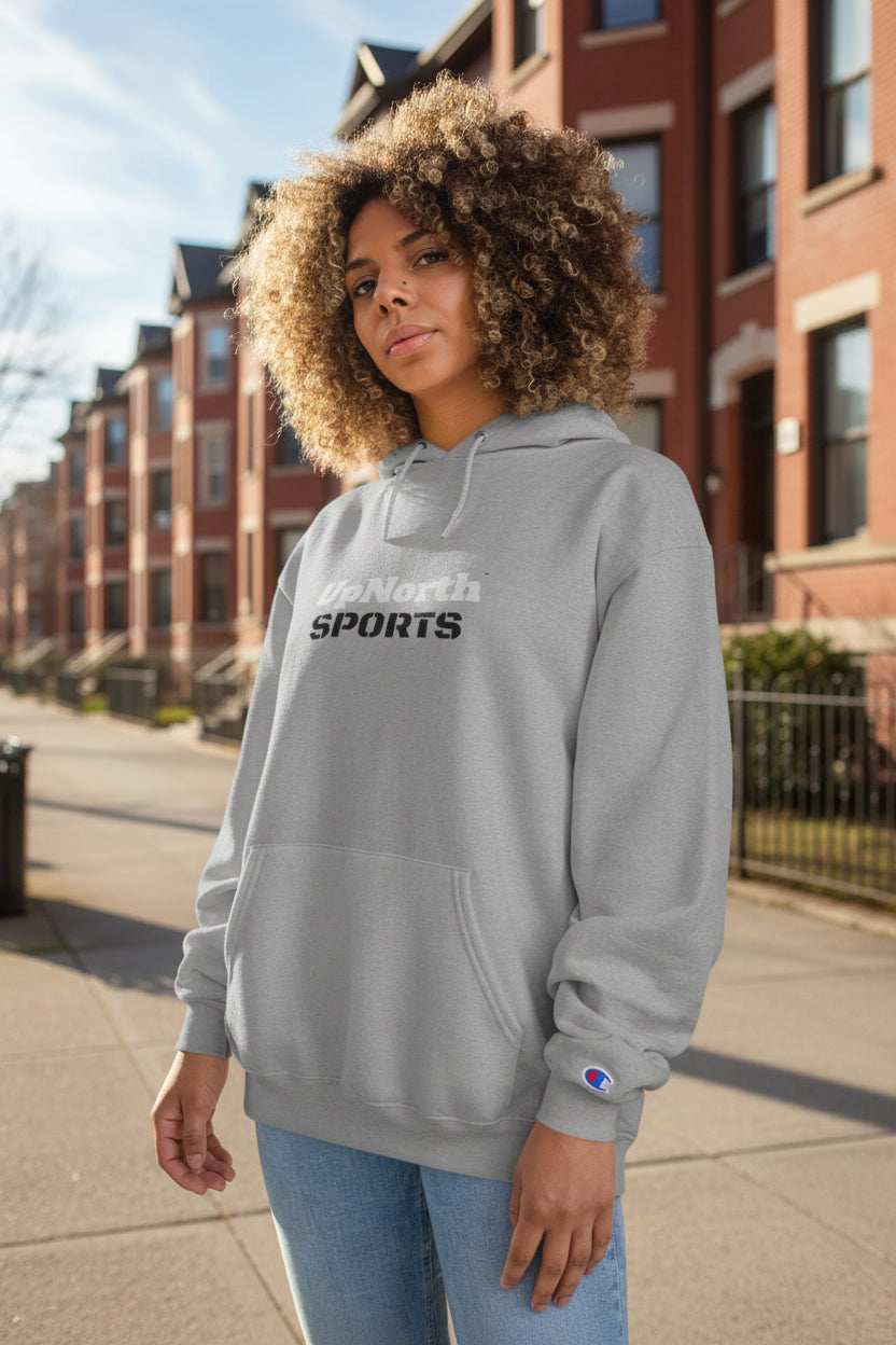 Woman model wearing a Grey UpNorth Sports Champion Hoodie - UpNorth SPORTS