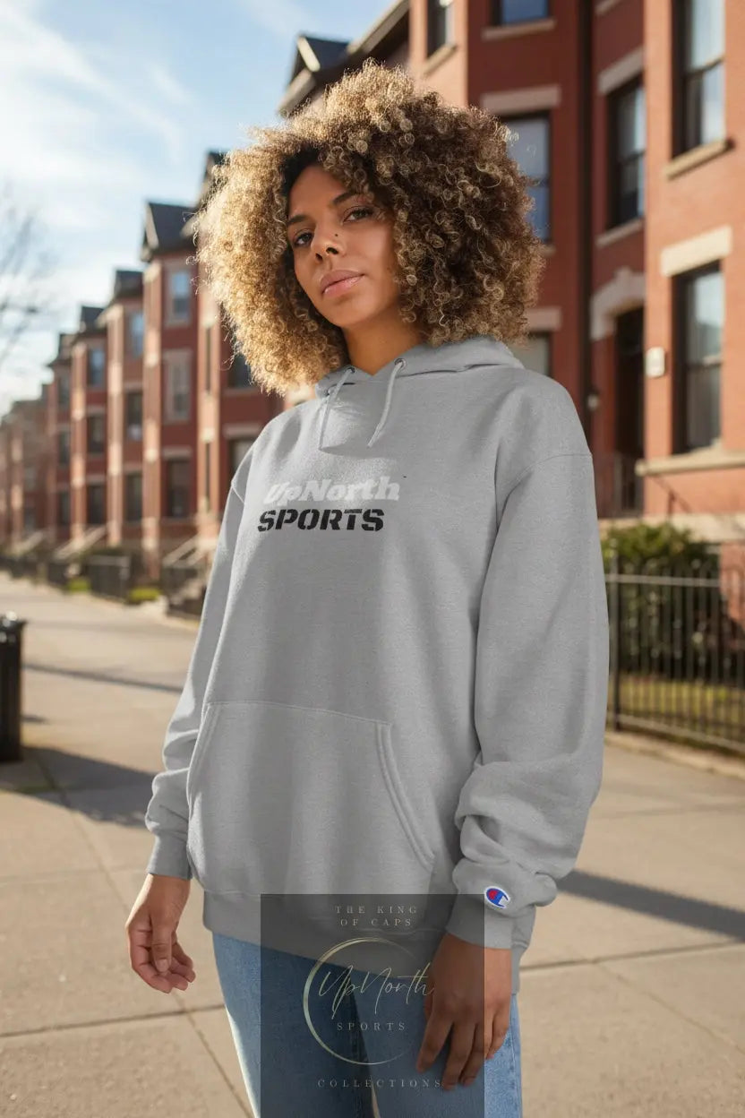 Woman model wearing a Grey UpNorth Sports Champion Hoodie - UpNorth SPORTS