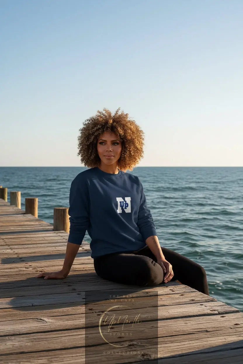 Woman model wearing a Navy UpN Champion Sweatshirt - UpNorth SPORTS