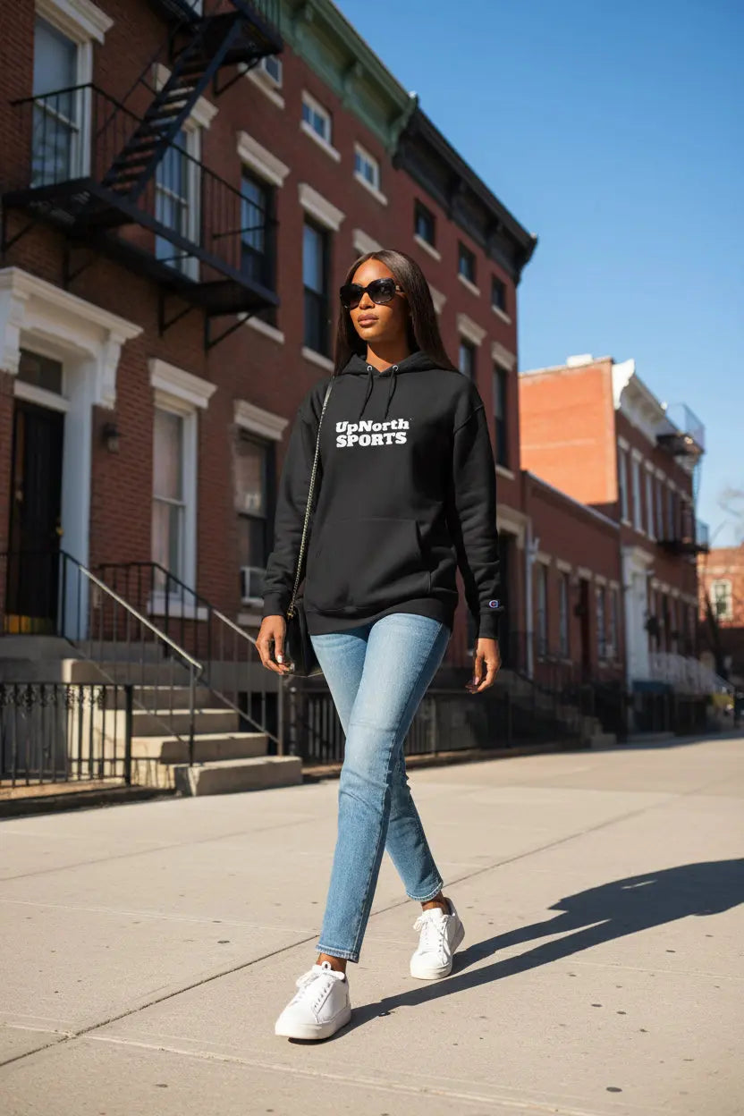 Woman model wearing a Black UpNorth Sports White Champion Hoodie - UpNorth SPORTS