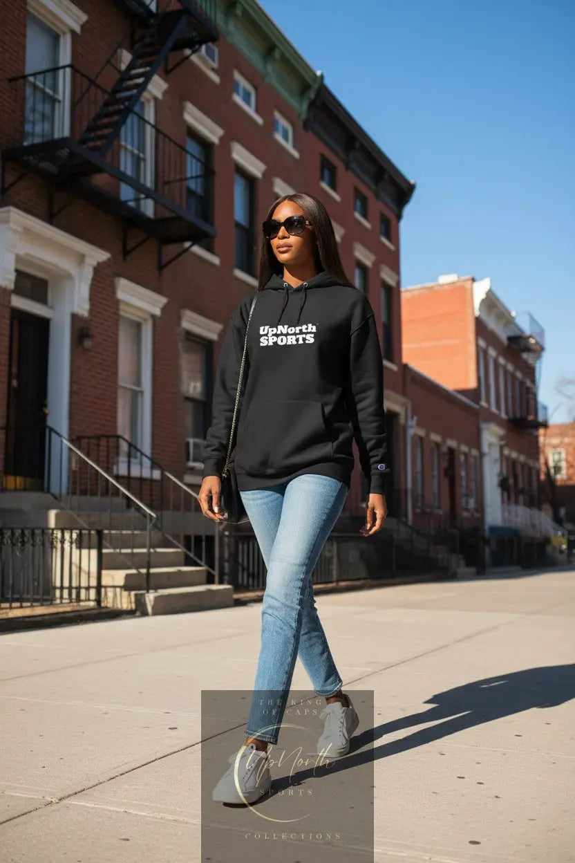 Woman model wearing a Black UpNorth Sports White Champion Hoodie - UpNorth SPORTS