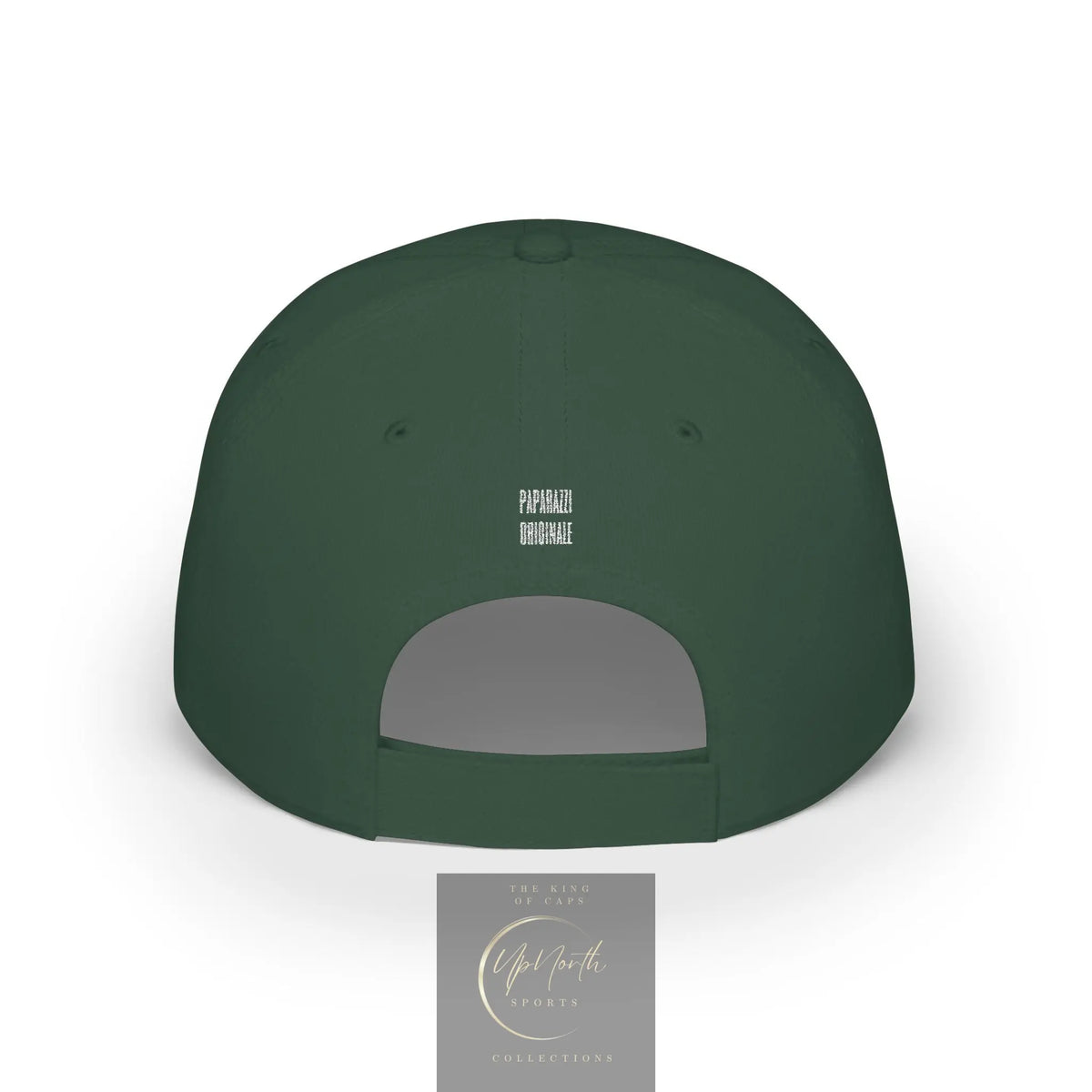 A dark green baseball cap shown from the back featuring a curved velcro closure and small white 'PAPARAZZI ORIGINALE' logo centred on the back panel - Paparazzi Original