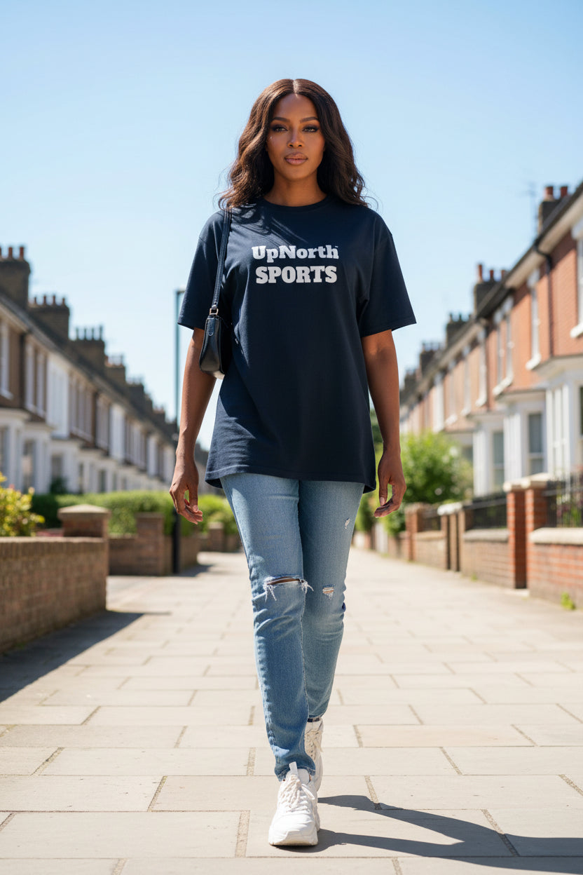Woman model wearing a UpNorthSPORTS Black White Champion T-shirt - UpNorth SPORTS