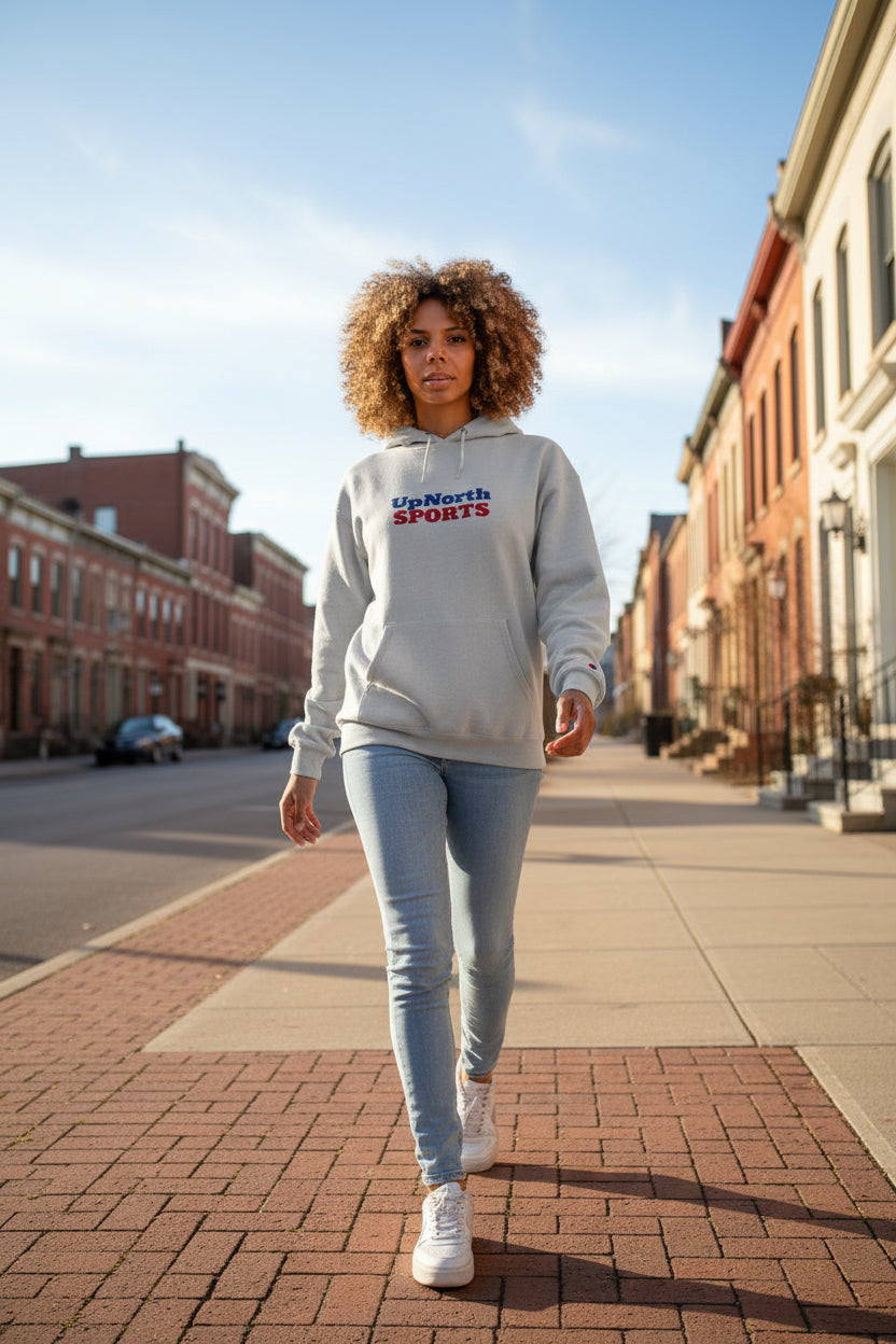 Woman model wearing a Light Steel Champion Hoodie Scandinavia Special Edition - UpNorth SPORTS