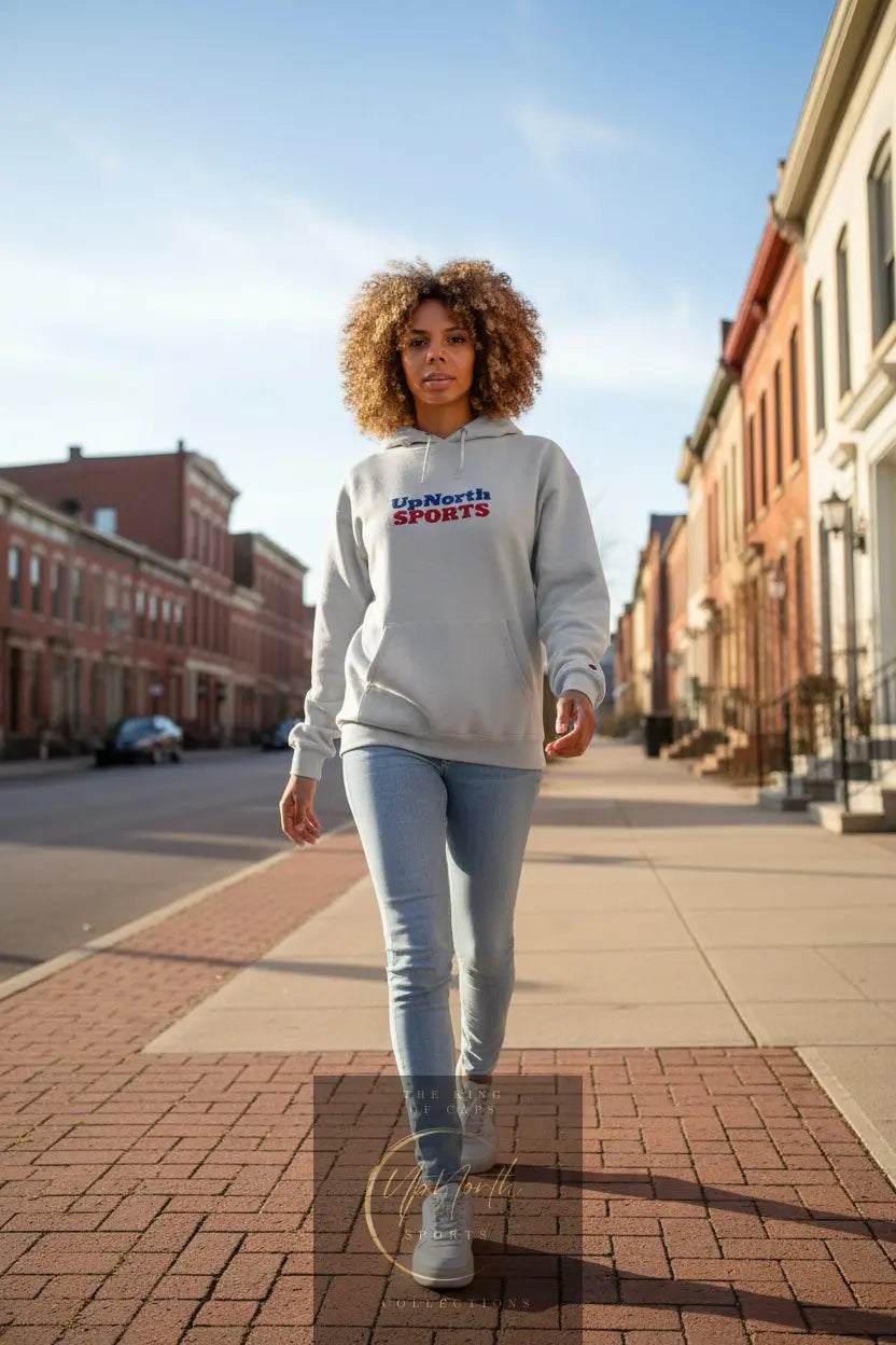 Woman model wearing a Light Steel Champion Hoodie Scandinavia Special Edition - UpNorth SPORTS
