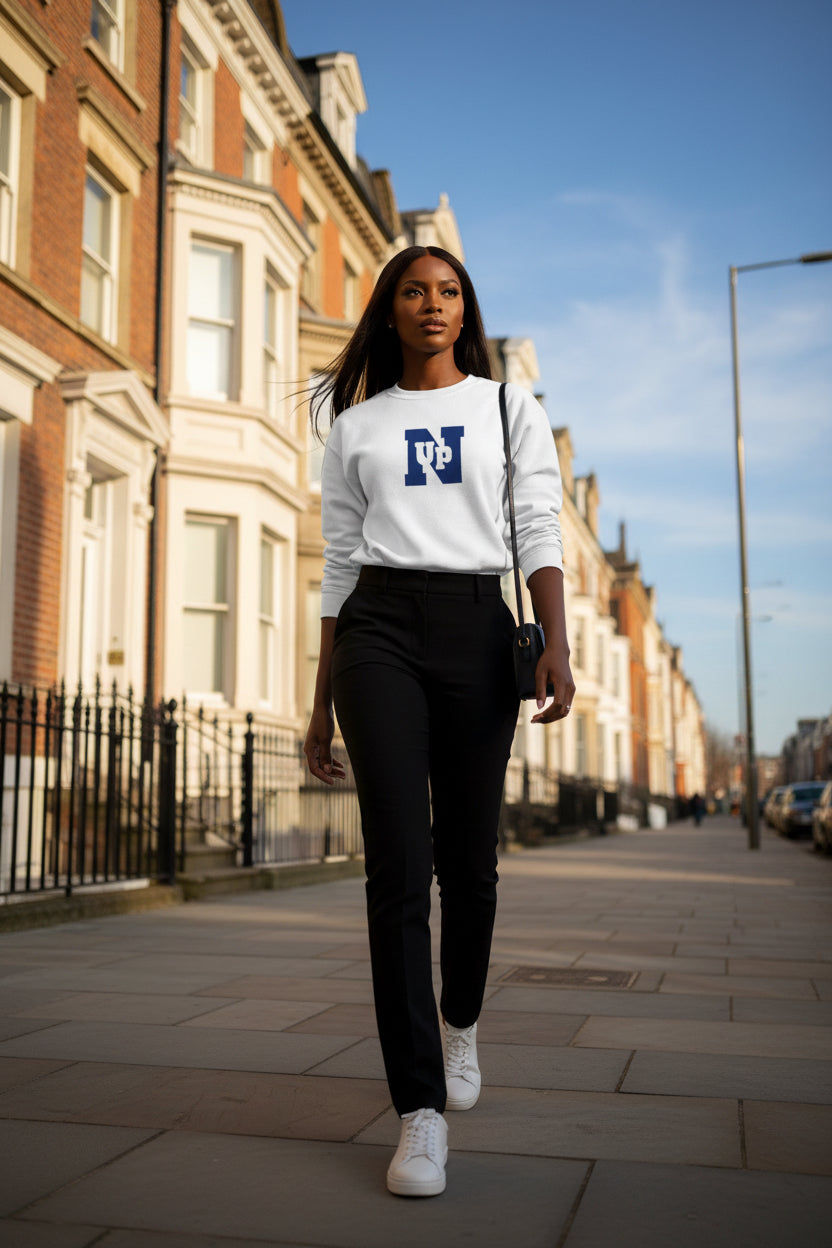 Woman model wearing a White UpN Champion Sweatshirt - UpNorth SPORTS