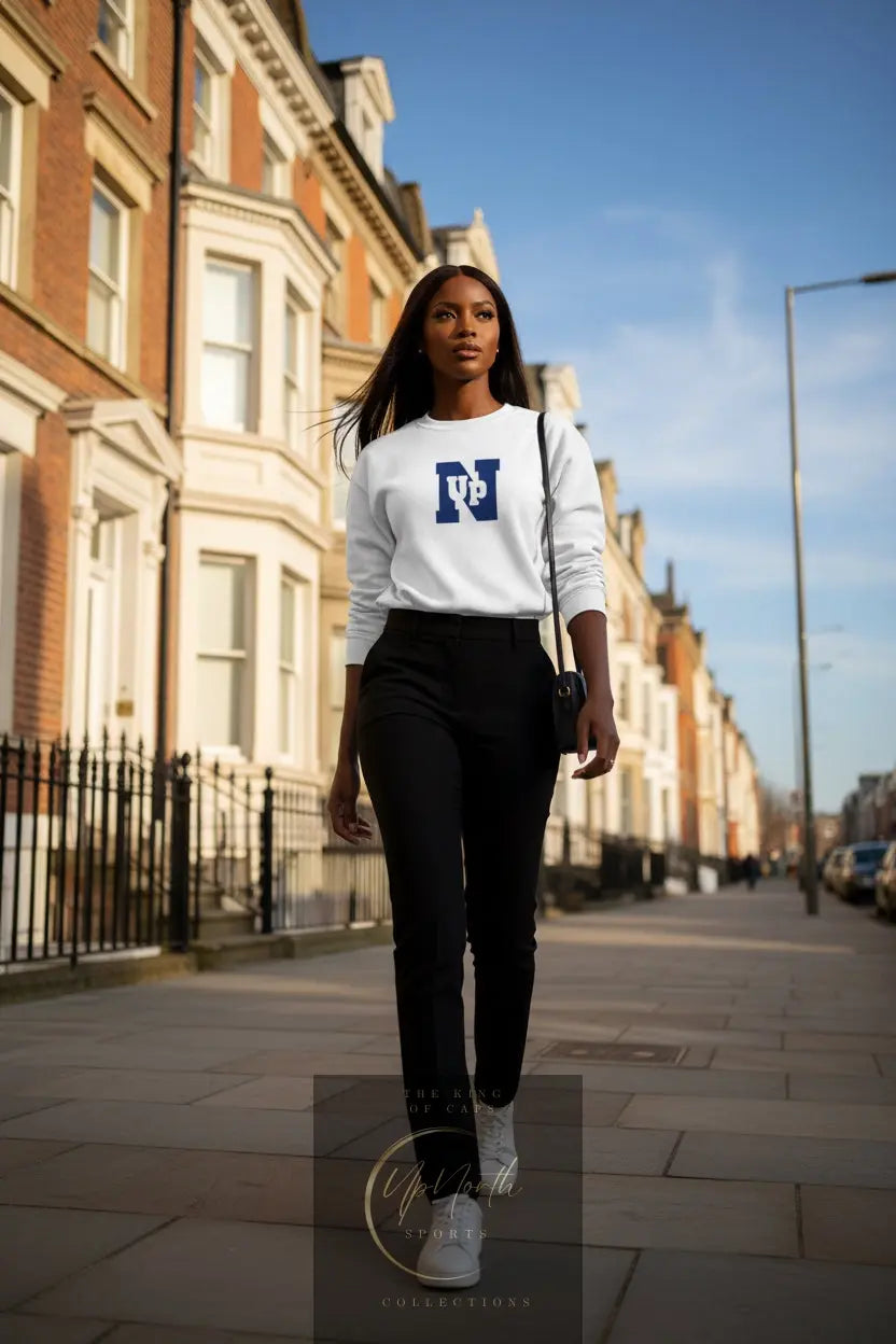 Woman model wearing a White UpN Champion Sweatshirt - UpNorth SPORTS