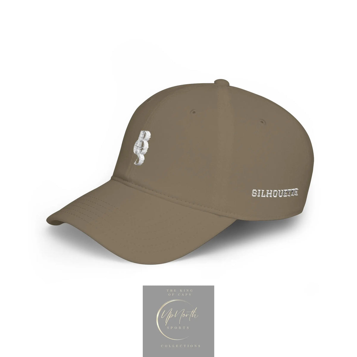 A structured baseball cap in a khaki color featuring the ´POS´ logo at front and the 'SILHOUETTE' logo embroidered in white on the left side here shown at a three-quarter angle - Paparazzi Original