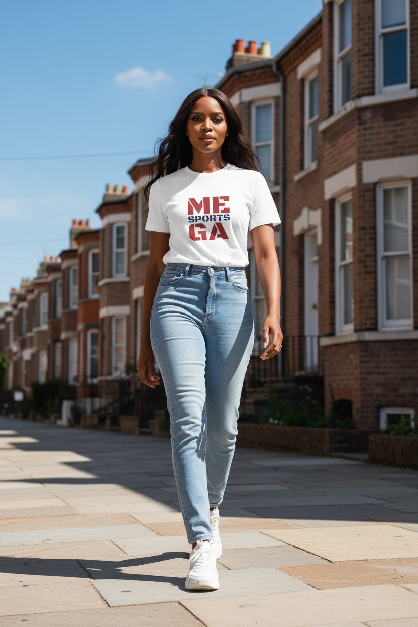 Woman model wearing a Deluxe White Red MEGASports T-shirt - UpNorth SPORTS
