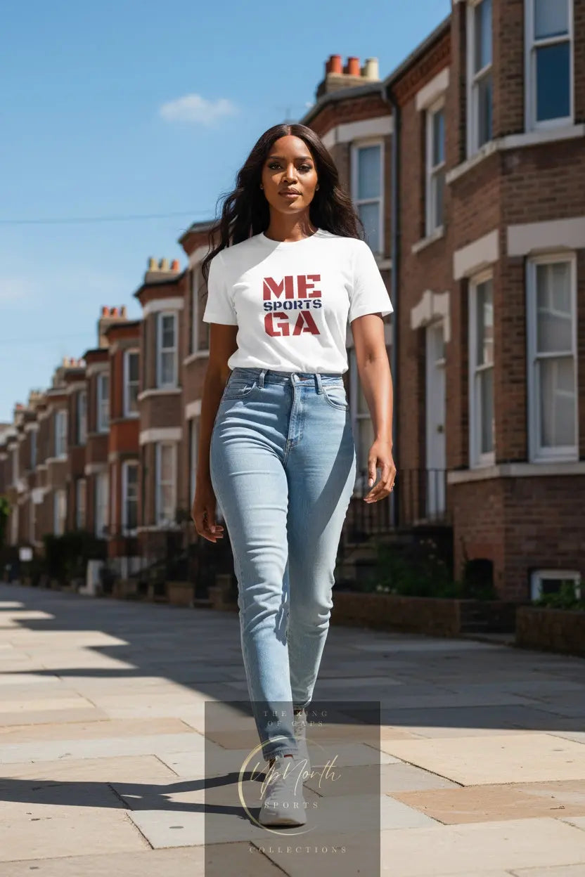 Woman model wearing a Deluxe White Red MEGASports T-shirt - UpNorth SPORTS