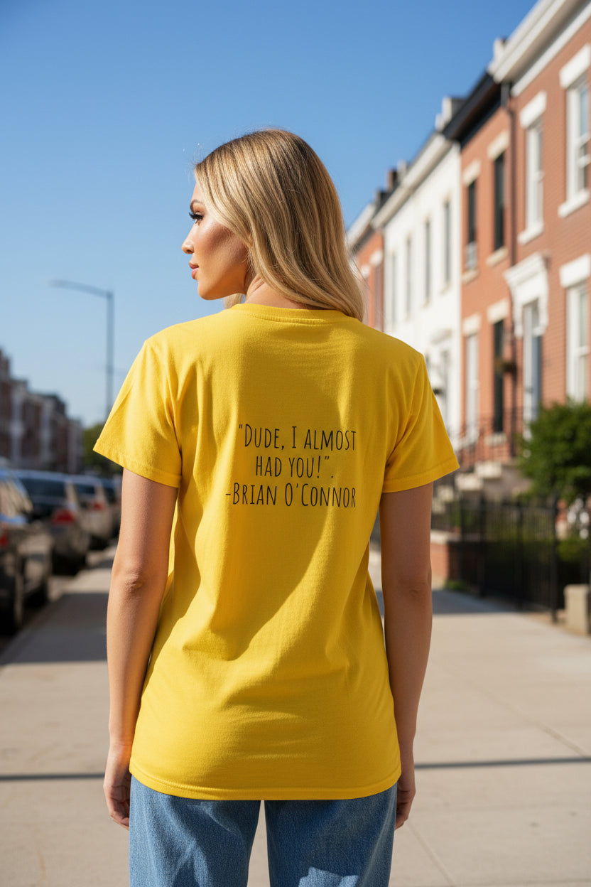 Woman wearing a Paparazzi Brian DUDE Orange T-shirt showing backside - Paparazzi Original