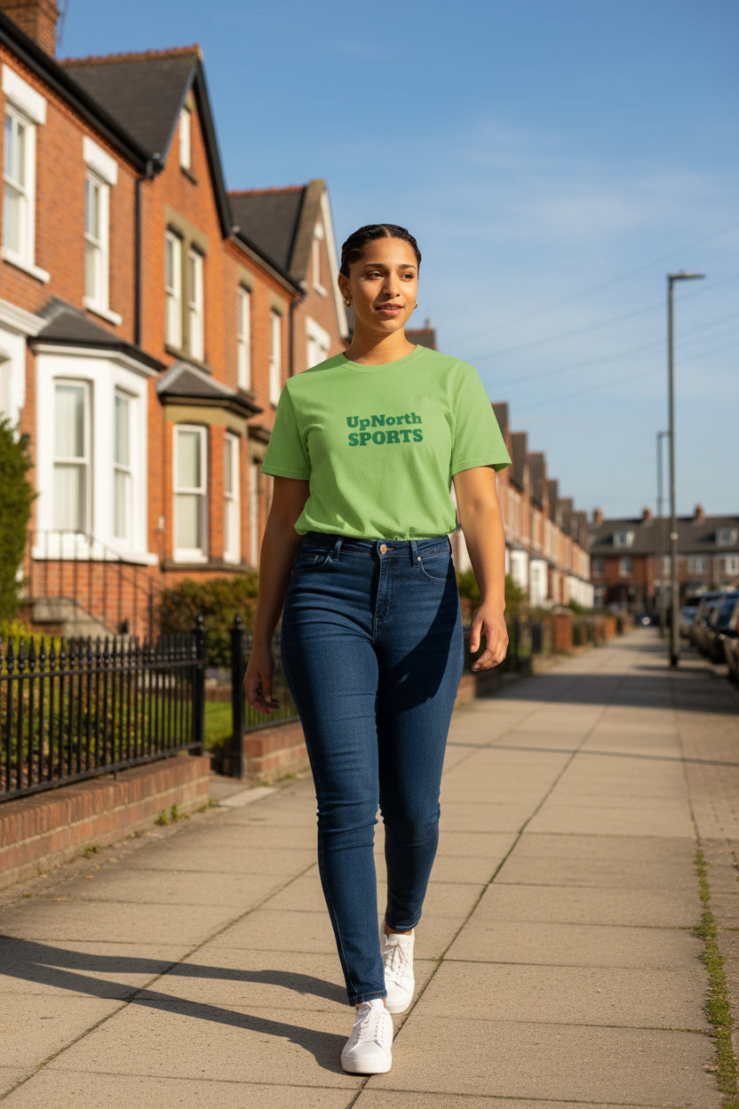 Woman model wearing a Lime Green Unisex T-Shirt - UpNorth SPORTS