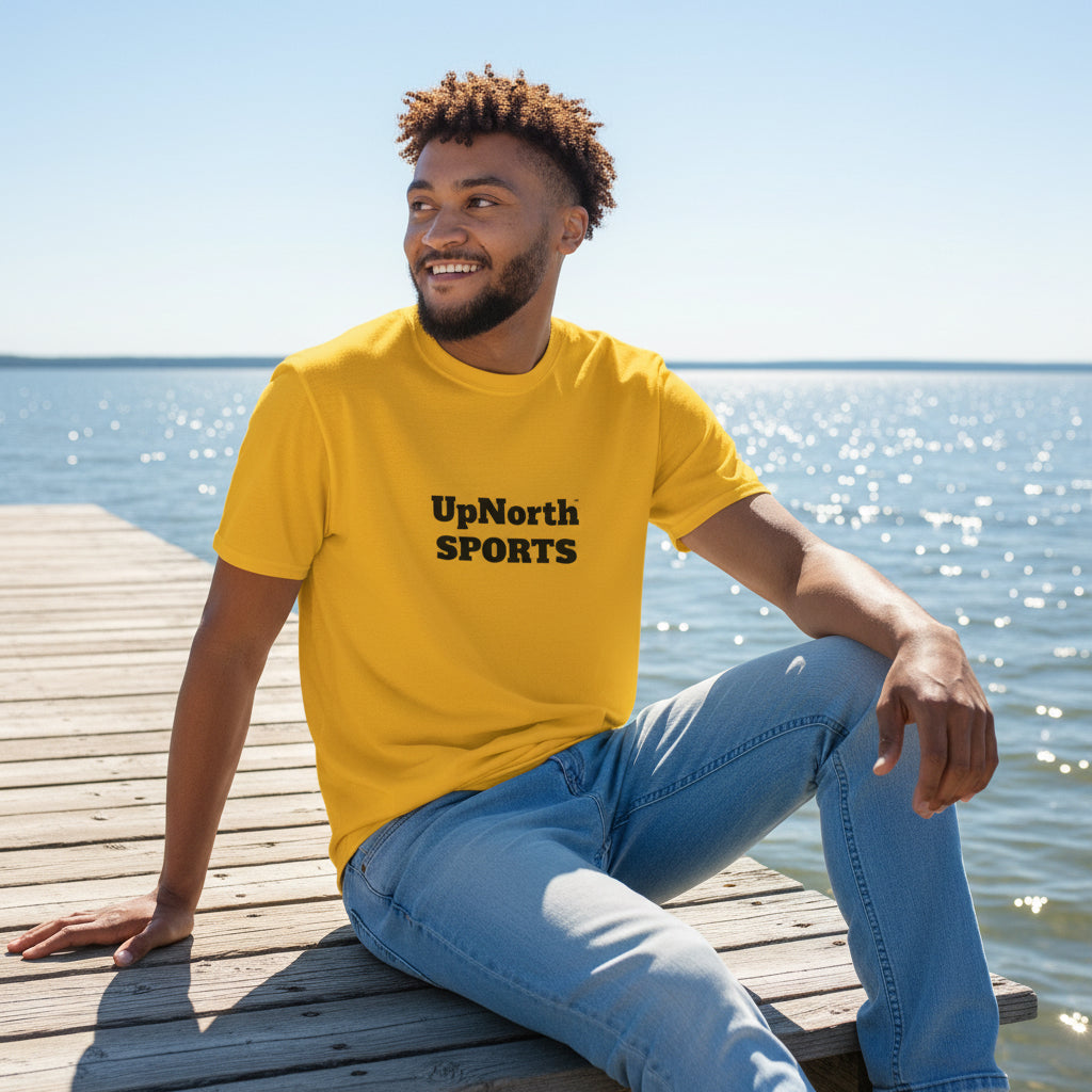 Male model wearing a Daisy Yellow Black Unisex T-Shirt - UpNorth SPORTS