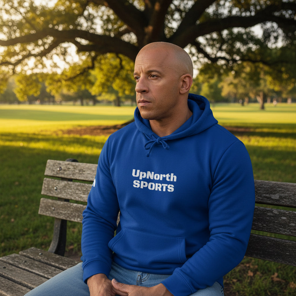 Male model wearing a Collegiate Royal Premium UpNorthSPORTS Adidas Hoodie - UpNorth SPORTS