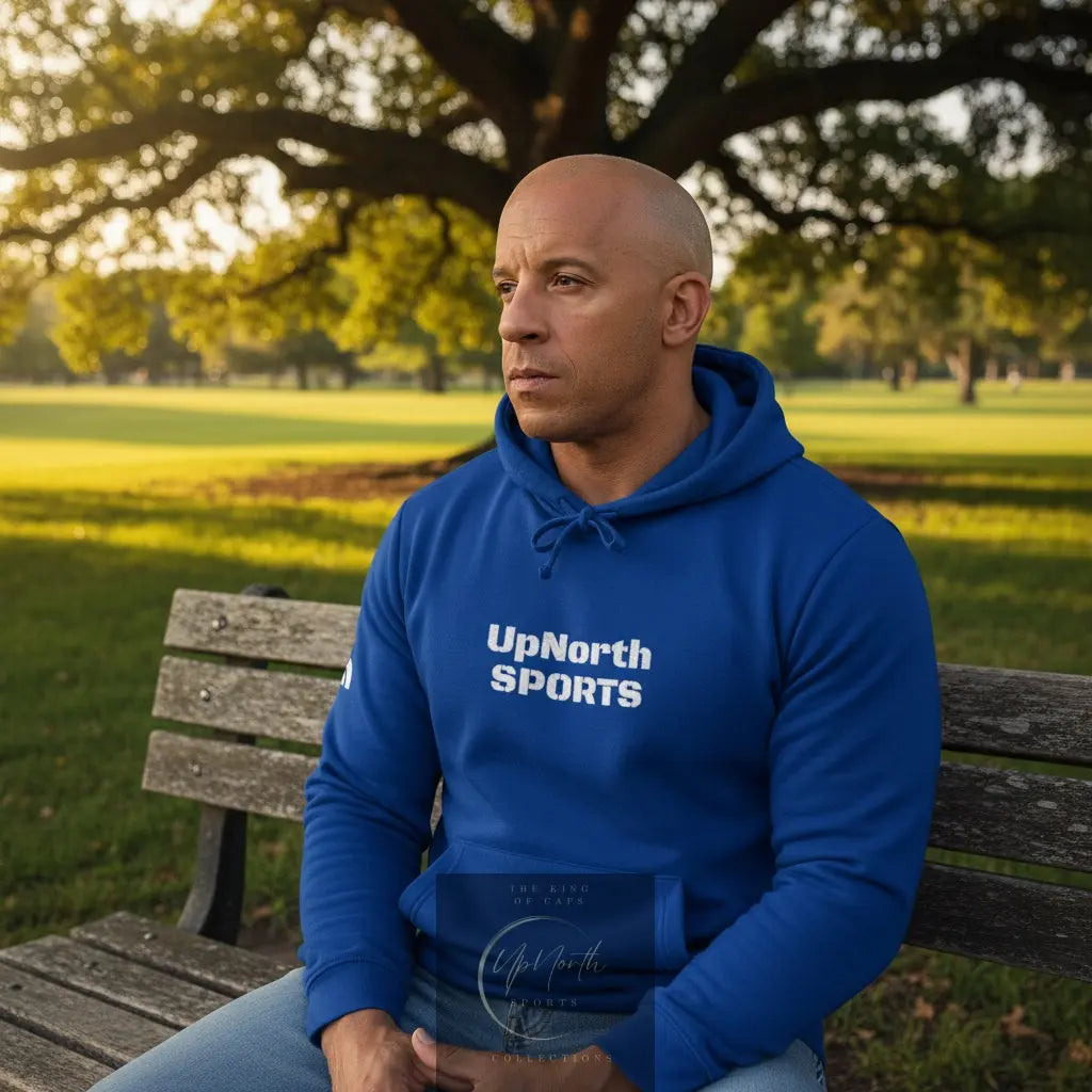 Male model wearing a Collegiate Royal Premium UpNorthSPORTS Adidas Hoodie - UpNorth SPORTS