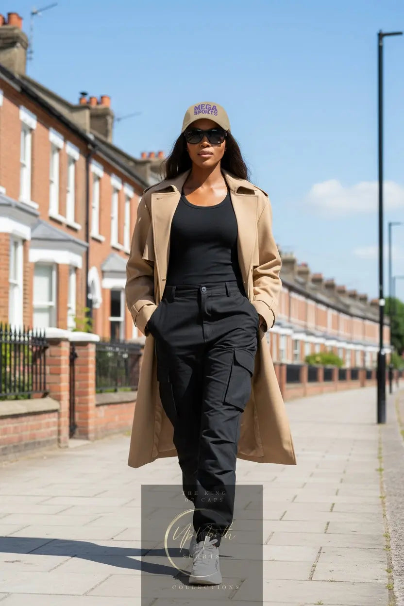 Woman model walking wearing a Khaki MEGA Sports Purple Baseball Cap - UpNorth SPORTS
