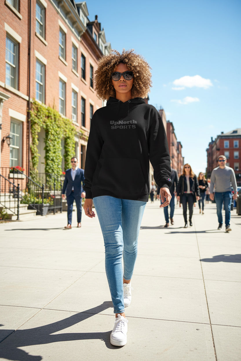 Woman model wearing a Black UpNorth Sports Grey Champion Hoodie - UpNorth SPORTS