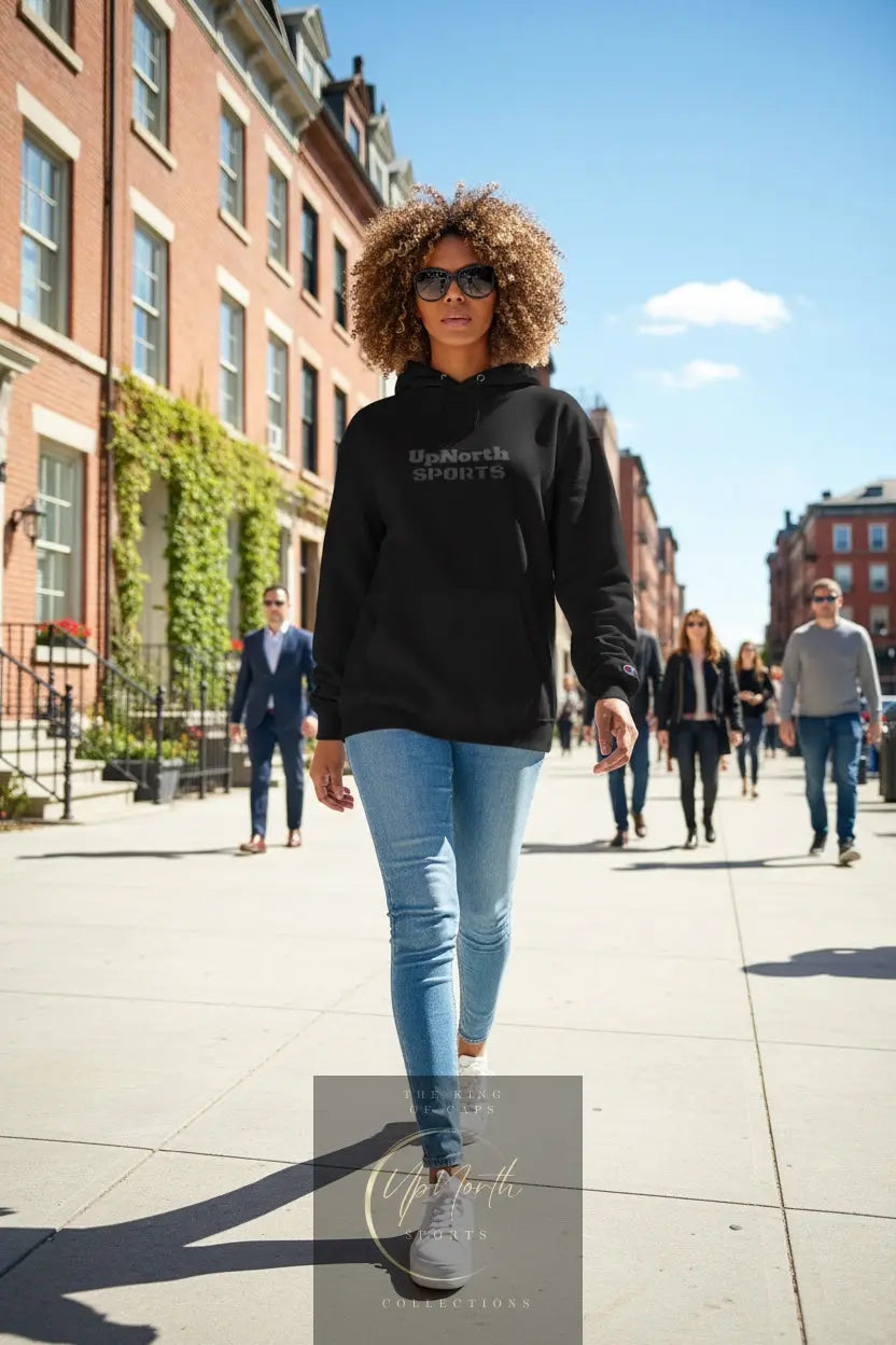 Woman model wearing a Black UpNorth Sports Grey Champion Hoodie - UpNorth SPORTS