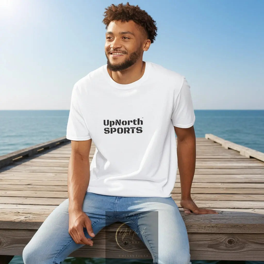 Male model wearing a Unisex T-Shirt black on white - UpNorth SPORTS