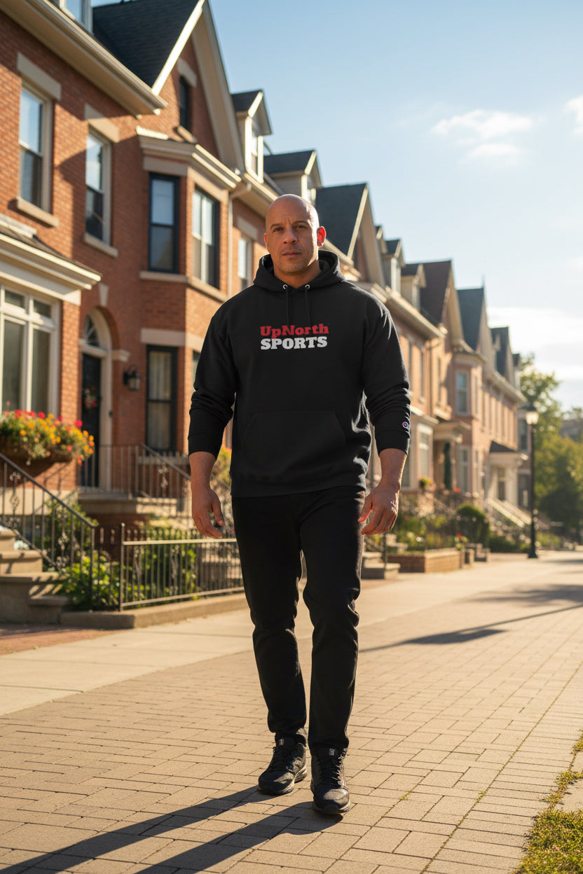 Male model wearing a Black UpNorthSPORTS Red White Champion Hoodie - UpNorth SPORTS